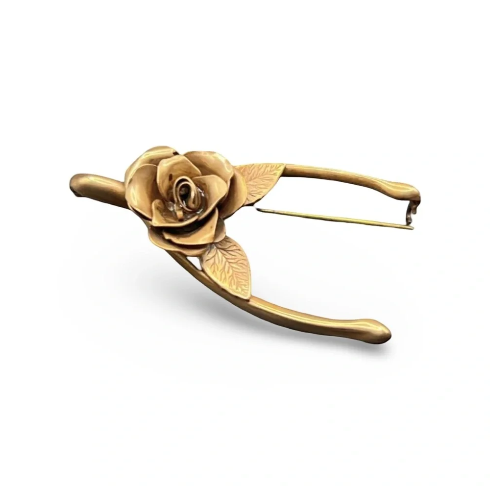 Vintage 1940s Gold Gilded Brass Wishbone Rose Brooch Pin